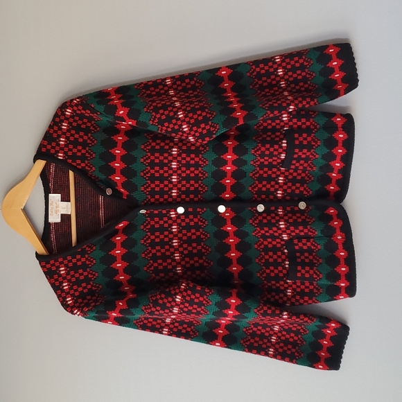 Tally Ho Sweaters - Vintage Tally Ho Black Red Green Long Sleeve Button Up Cardigan Sweater Large
